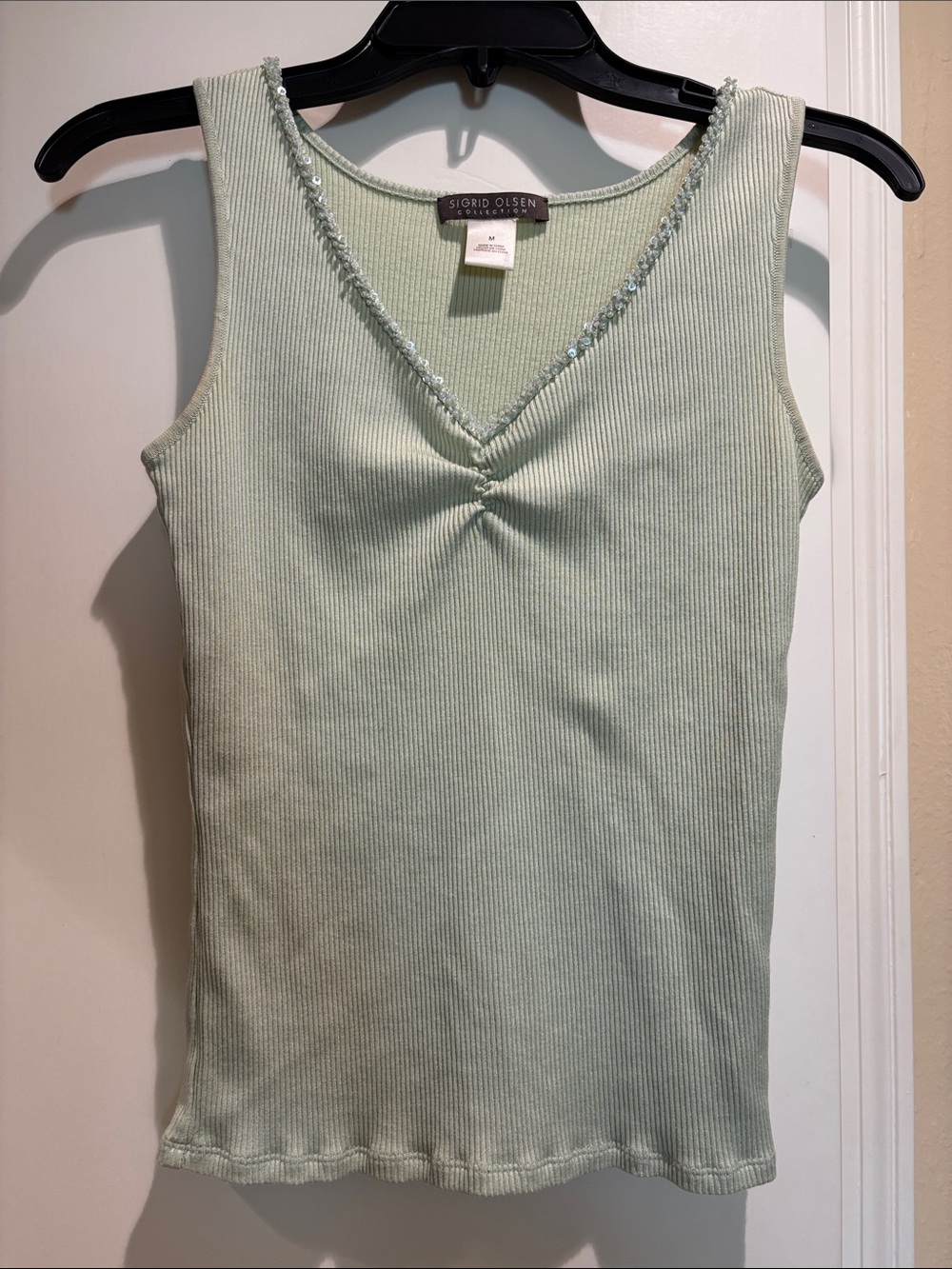 Sigrid Olsen Mint Green Ribbed V-Neck Tank with Beaded Trim